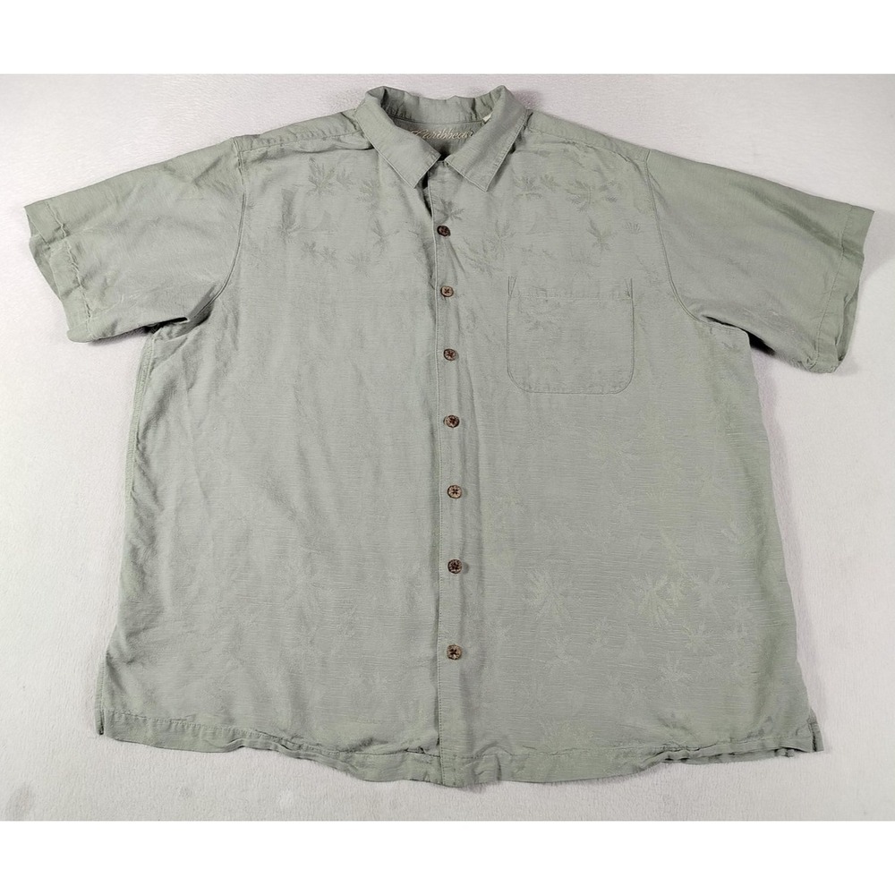 Caribbean‎ Shirt Mens 2XL Green Silk Palm Floral Short Sleeve Tropical Beach